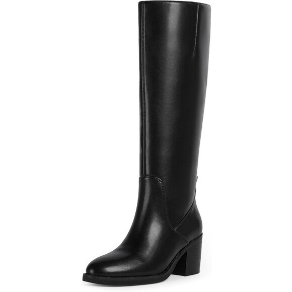 Women's Black Pu Chunky Heel Rounded Toe Tall Knee High Heel Fall Long Boots